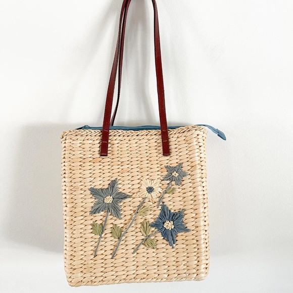 Handbags - Vintage Straw Purse with Blue Flowers | Vintage Summer Purse